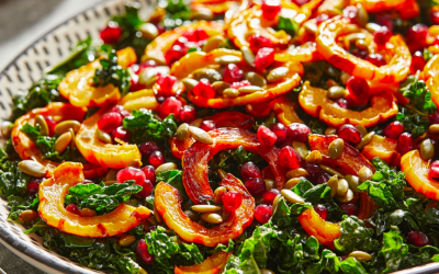 Butternut Squash and Kale Salad with Pomegranate, Red Onion, and Maple Mustard Vinaigrette