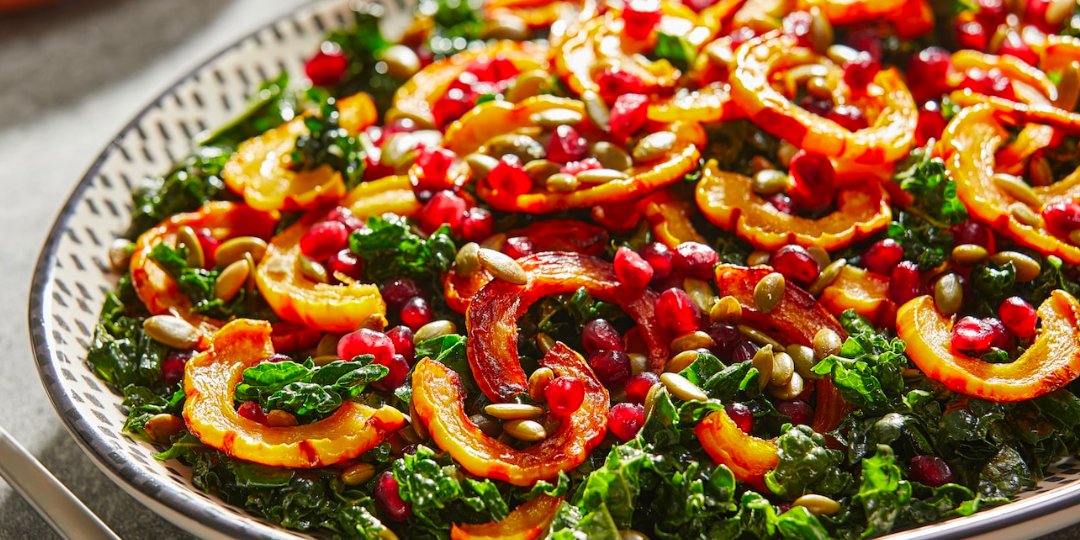 Butternut Squash and Kale Salad with Pomegranate, Red Onion, and Maple Mustard Vinaigrette